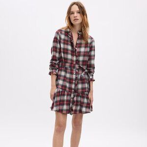 NWT Gap Tiered Flannel Mini Shirt Dress Cream, Red and Black Plaid